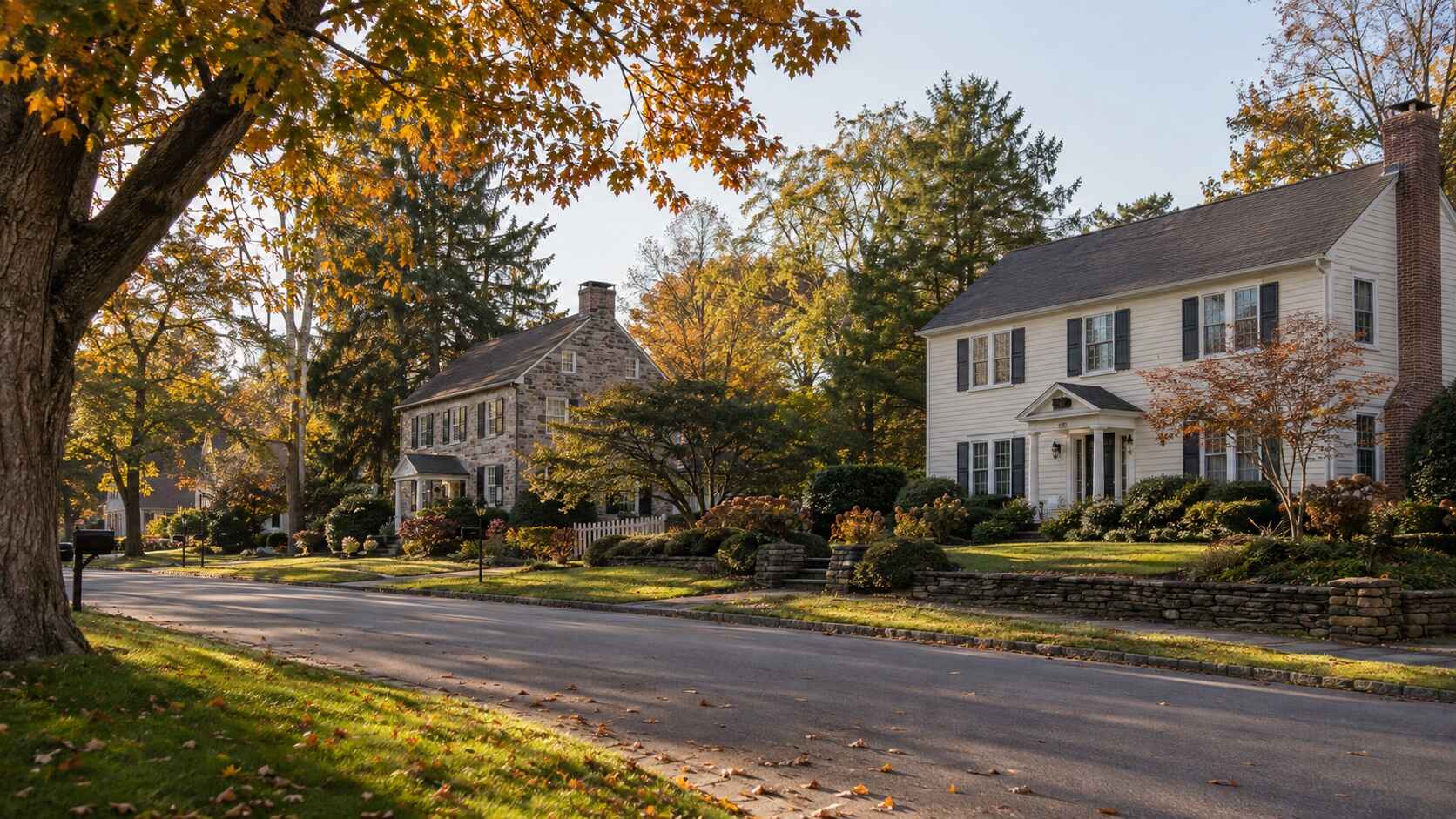 Residential street in Doylestown, PA with a mix of older and newer homes